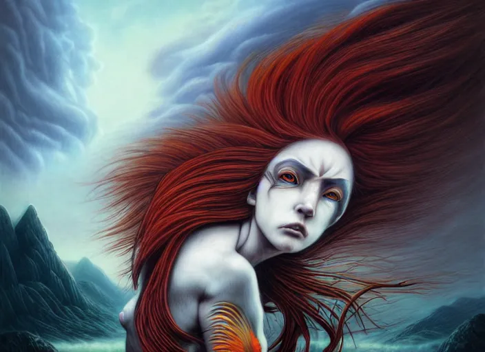 Prompt: realistic detailed image of a female Amazon warrior auburn hair blowing in an angry, stormy mountain top, anime art, anime, inspired by Mark Ryden and H.R. Giger and Zdzislaw Beksinski, gothic, rich deep colors. A masterpiece.