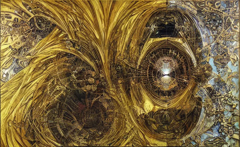 Image similar to Brutalist architecture building, Divine Chaos Engine by Karol Bak, Jean Deville, Gustav Klimt, and Vincent Van Gogh, sacred geometry, visionary, mystic, spiritual, fractal structures, ornate gilded medieval icon, third eye, spirals