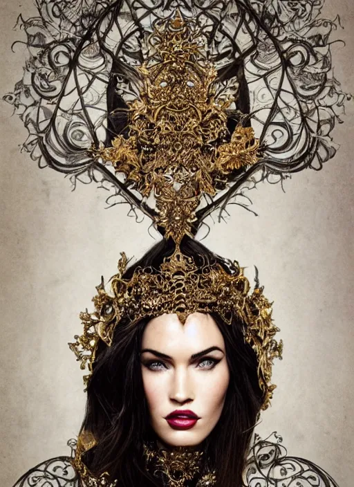 Image similar to a portrait of megan fox by stefan geselle and nekro borja, photorealistic, intricate details, hyper realistic, fantasy, elegant, baroque gold headpiece, photorealistic, canon r 3, photography, wide shot, symmetrical features, symmetrical pose, wide angle shot, head to toe, standing pose, feet on the ground, wearable art