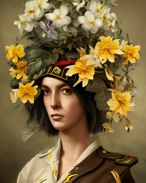 Prompt: a beautiful fine art portrait photo of a military general covered by hibiscus, daffodils, hydrangea, montsera leaves by tom bagshaw and zach sutton, very detailed, artstation, 8 k