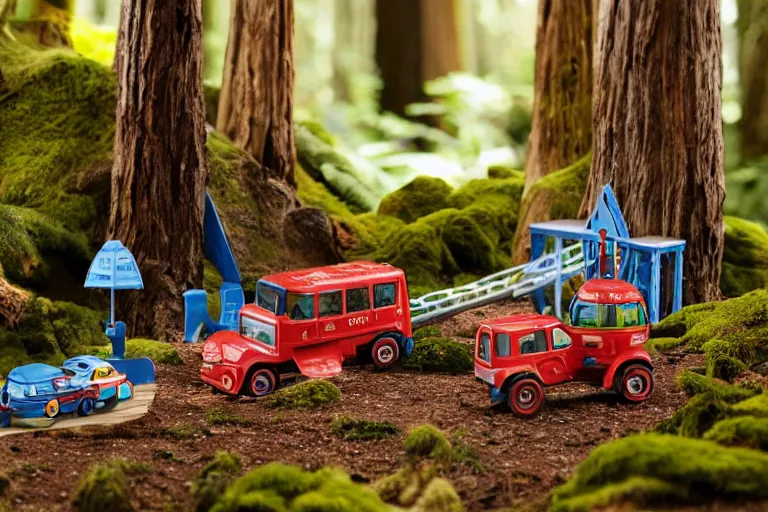 Image similar to fisher price redwood forest, california scene from tv show hyper detailed 5 5 mm 8 5 mm, toy photography