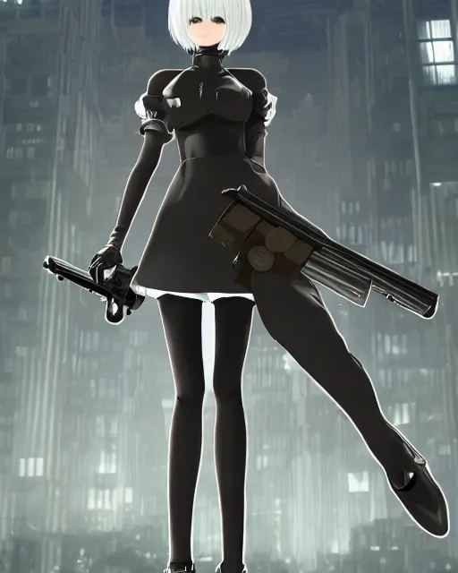 Prompt: 2B from Nier Automata and with slender body type standing in front of a large building holding a rifle, cartoon illustration, 8k