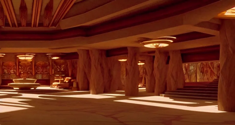 Prompt: An establishing shot from a 2021 Marvel film of the interior of an opulent a fantasy palace designed by Frank Lloyd Wright. Incredibly beautiful.