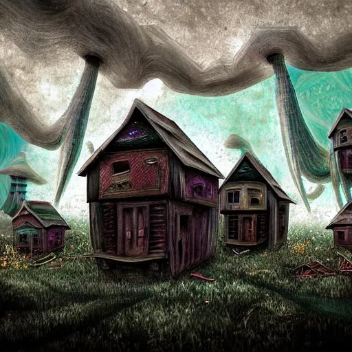 Prompt: psychedelic mushroom houses, post apocalyptic, dark fantasy, liminal space, dark paradise, digital art, 4 k