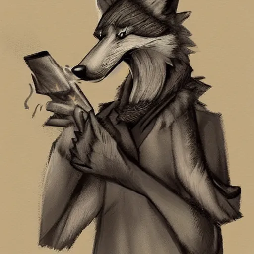 Image similar to A Detailed Award Winning Masterpiece trending on artstation of an Anthropomorphic Wolf smoking a joint,