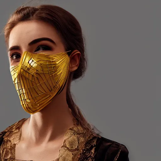 Prompt: a portrait of a woman wearing a mask over her mouth made out of golden wire, speculative fashion, highly detailed 8k photography, cinematic lighting, trending on artstation H 768