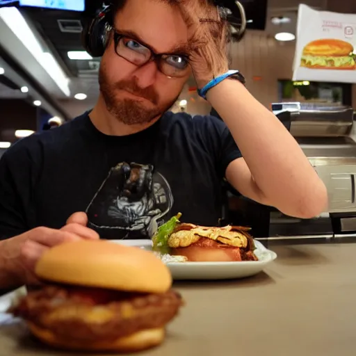 Prompt: Steven Armstrong from Metal gear Rising chooses a Hamburger at McDonald's, 40nm lens, 4k, shallow depth of field,