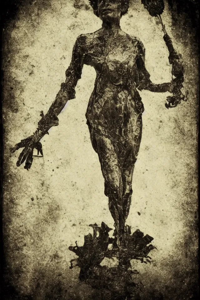 Image similar to wet plate photograph of sun tarot card victorian era, coal dust, in the style of brothers quay