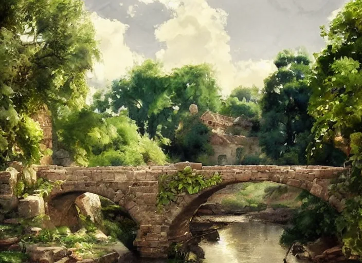 Image similar to watercolor of rustic stone bridge with mural, ivy, summer daylight, bright clear day, clouds, high detailed art by dennis miller bunker, work by anders zorn, wonderful masterpiece by greg rutkowski, beautiful cinematic light, american romanticism by greg manchess, creation by tyler edlin