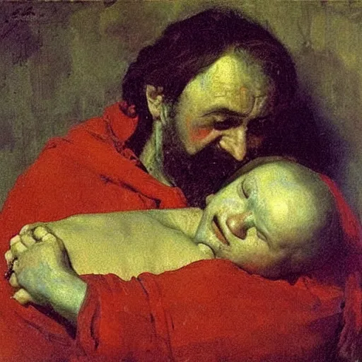 Prompt: ivan the terrible cradling his dying son ivan, painting by ilya repin, extremely detailed, oil on canvas