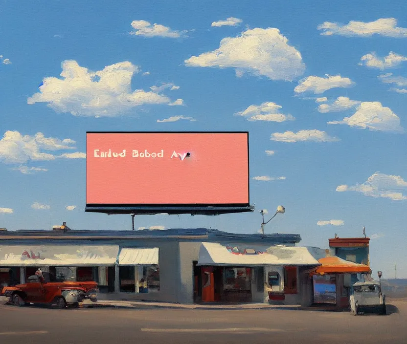 Image similar to a very detailed painting of one ad billboard, baby blue sky with very aesthetic stylized clouds, in the style of edward hopper, very small brushstrokes, 4 k,