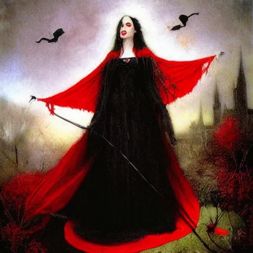 Prompt: witch dressed in black and red, by howard david johnson.