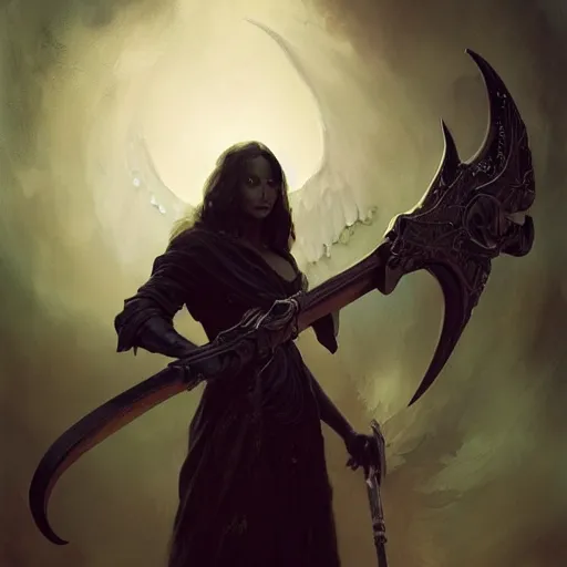 Image similar to a portrait of a beautiful angel of death holding a large scythe by marco bucci and greg rutkowski and frank frazetta, sharp focus, detailed, cinematic, closeup