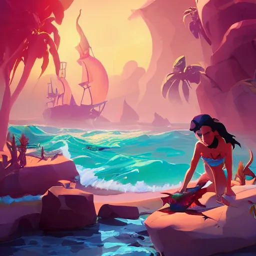 Image similar to painting mermaid treasure on sea of thieves game avatar hero smooth face median photoshop filter cutout vector, behance hd by jesper ejsing, by rhads, makoto shinkai and lois van baarle, ilya kuvshinov, rossdraws global illumination