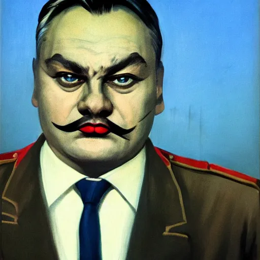 Image similar to highly detailed propaganda poster portrait of the leader of fascist hungary, viktor orban with cat whiskers face painting, looking into the distance 1 9 5 0, by edward hopper