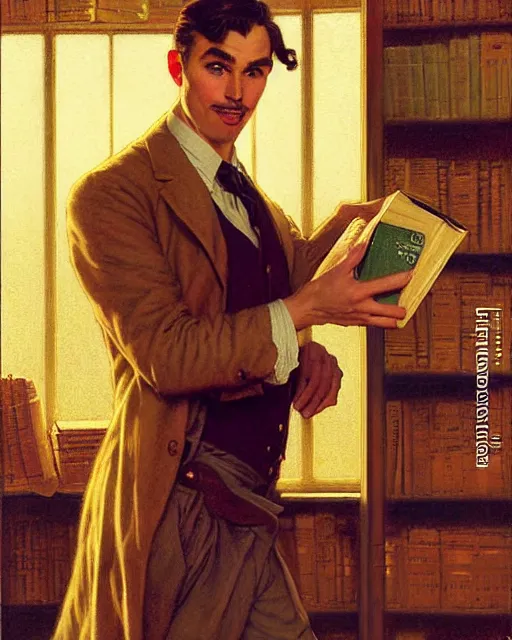 Prompt: attractive librarian man pulling a book from a shelf, dusty library, golden hour painting by tom of finland, gaston bussiere, craig mullins, j. c. leyendecker, greg rutkowski, alphonse mucha