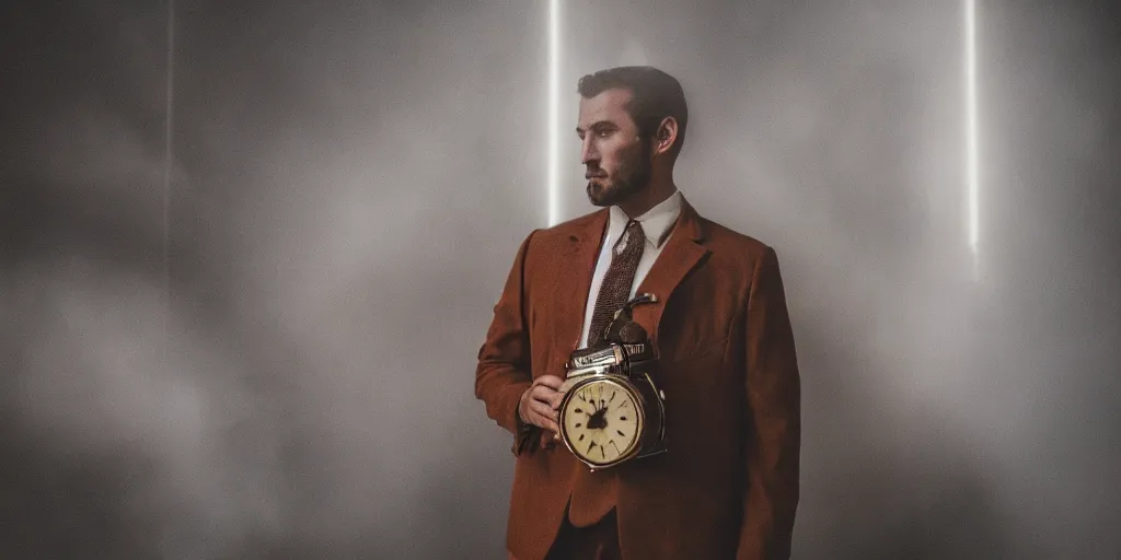 Image similar to a man in a brown suit holding a small time machine, cinematic, dramatic lighting, 3 5 mm lens, ilm, atmospheric