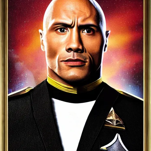 Image similar to a full body portrait of the rock as a star fleet officer from star trek next generation dressed in full uniform, ultra rendered extreme realism and detail, 8 k, highly detailed, realistic, completely framed, hyper realistic, colorful, direct lighting, 3 5 mm photo, photorealistic, sharp focus