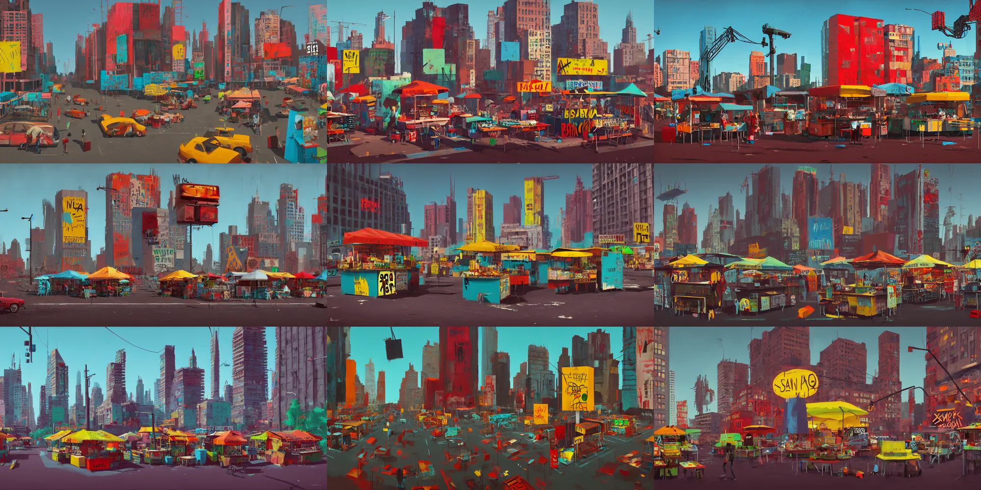 Prompt: cityscape in style of basquiat, 3 d, photorealistic, expressionist, artstation, 8 k, concept art, food stall, market, hard surface, simon stalenhag, street