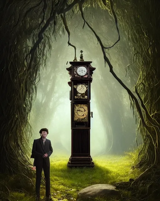 Image similar to highly detailed surreal vfx portrait of a cursed grandfather clock in a shadowy forest by a willow tree, stephen bliss, unreal engine, greg rutkowski, loish, rhads, beeple, makoto shinkai and lois van baarle, ilya kuvshinov, rossdraws, tom bagshaw, alphonse mucha, global illumination, detailed and intricate environment