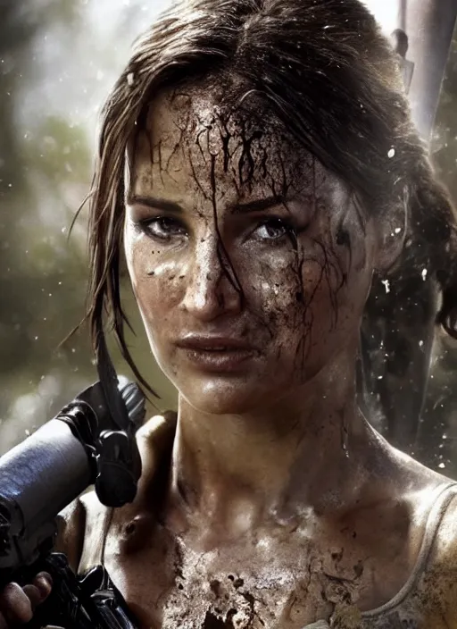 Image similar to a film still of lara croft as swat cop, her face muddy and sweat, direct sun light, close up potrait, cinematic,