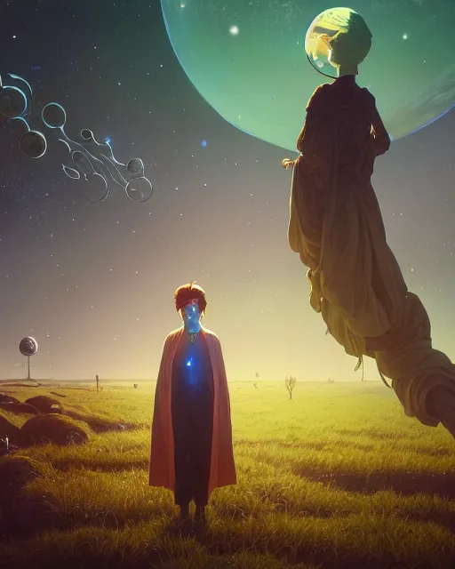 Image similar to highly detailed surreal vfx portrait of a futuristic mage in a rural farm with planets in background, stephen bliss, unreal engine, greg rutkowski, loish, rhads, beeple, makoto shinkai and lois van baarle, ilya kuvshinov, rossdraws, tom bagshaw, alphonse mucha, global illumination, detailed and intricate environment