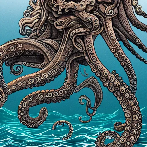 Image similar to huge sea monster, cthulhu, octopus, tentacles, towering over you, colossal giant, mythical sea creature, epic, waves, rough ocean, gigantic huge sea monster, extremely detailed, intricate digital art, 8 k