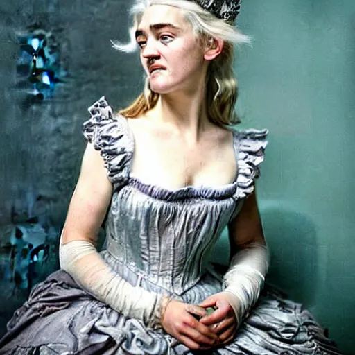 Prompt: A 18th century, messy, silver haired, (((mad))) elf princess (look like ((young Kate Winslet))), dressed in a frilly ((ragged)), prom dress, is ((drinking a cup of tea)). Everything is underwater! and floating. Greenish blue tones, theatrical, (((underwater lights))), high contrasts, fantasy water color, inspired by John Everett Millais's Ophelia