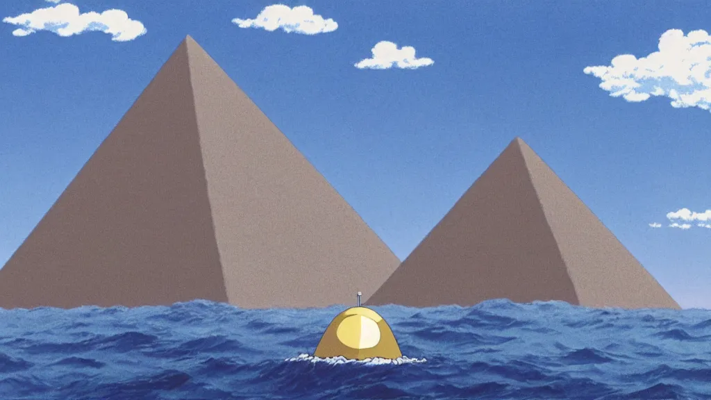 Image similar to a movie still from a studio ghibli film showing a large white pyramid and a golden ufo in the middle of the ocean. by studio ghibli