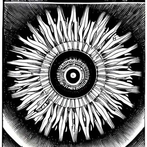 Prompt: a technical drawing of a radial techno sun above abandoned Temple architecture plans, highly detailed , black and white color scheme, fine lines and graphite, stanley donwood,