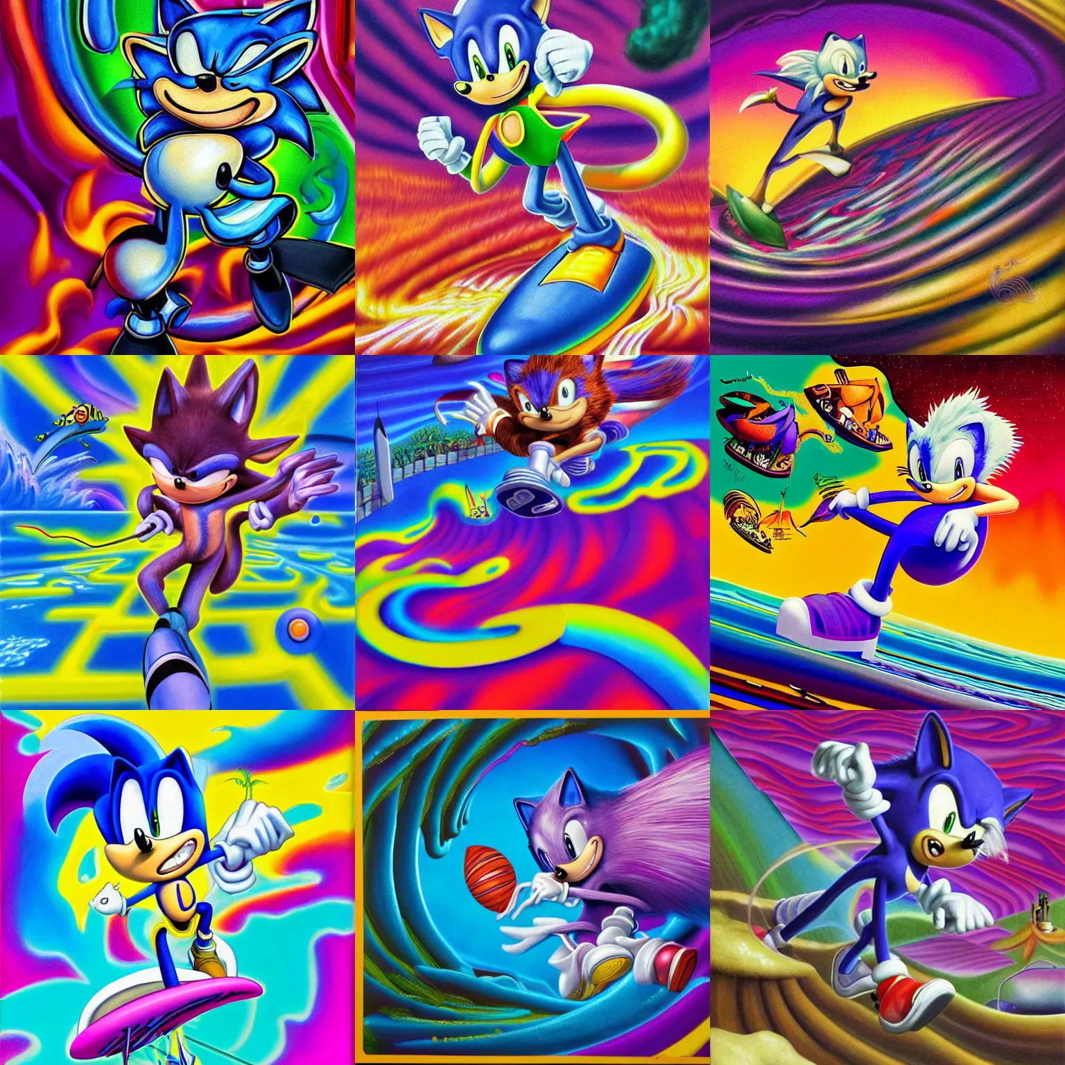 Prompt: surreal, sharp, detailed professional, soft pastels, high quality airbrush art of a liquid dissolving airbrush art lsd dmt sonic the hedgehog surfing through cyberspace, purple checkerboard background, 1 9 9 0 s 1 9 9 2 sega genesis video game album cover