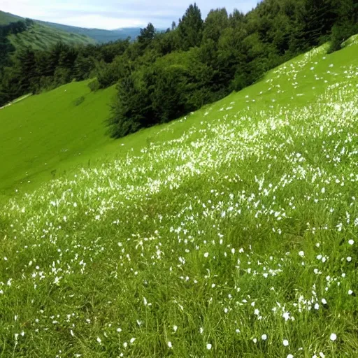 Prompt: spread across a bright green, rolling hillside were thousands of off - white dots