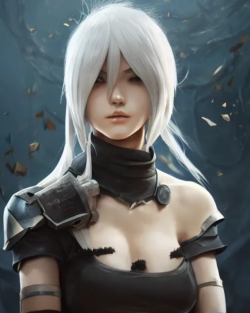 Image similar to league of legends portrait of 2 b nier automata, au naturel, hyper detailed, digital art, trending in artstation, cinematic lighting, studio quality, smooth render, unreal engine 5 rendered, octane rendered, art style by klimt and nixeu and ian sprigger and wlop and krenz cushart.