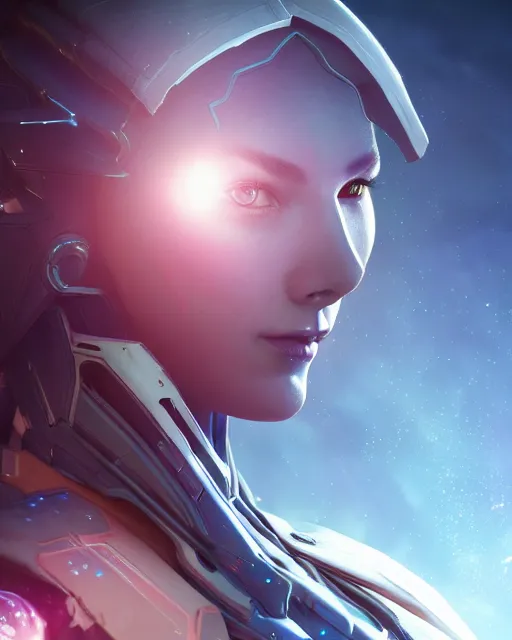 Image similar to perfect android girl on a mothership, warframe armor, beautiful face, scifi, futuristic, galaxy, nebula, raytracing, dreamy, long white hair, blue cyborg eyes, sharp focus, cinematic lighting, highly detailed, artstation, divine, by gauthier leblanc, kazuya takahashi, huifeng huang