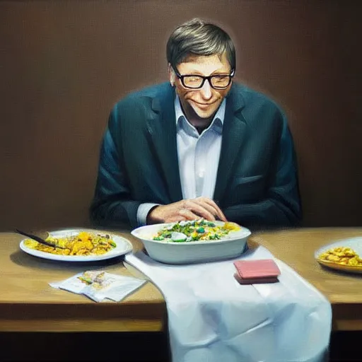 Image similar to an hyper realistic oil painting of Bill Gates eating pharmaceutical products, sitting at a table with a plate full of syringes and pills, looking very sad, trending on artstation,