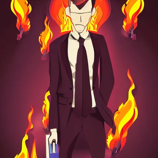 Image similar to a man in a suit and tie standing in front of flames, vector art by omineadrian thechamba, behance contest winner, funk art, hellish background, 2 d, anime aesthetic