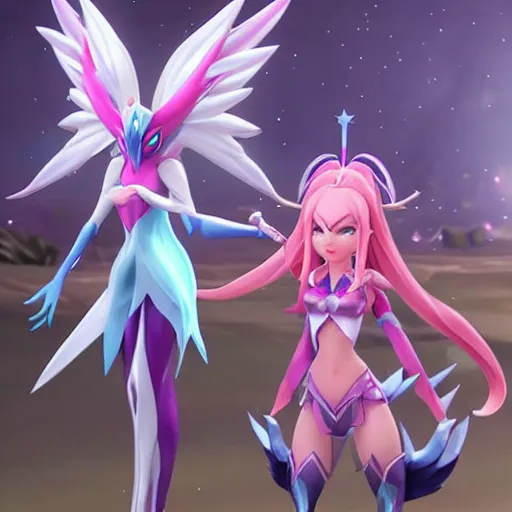 Prompt: star guardian xayah and star guardian kai'sa as friends together, league of legends, by weta digital, 3 - dimensional, realistic - n 1 2