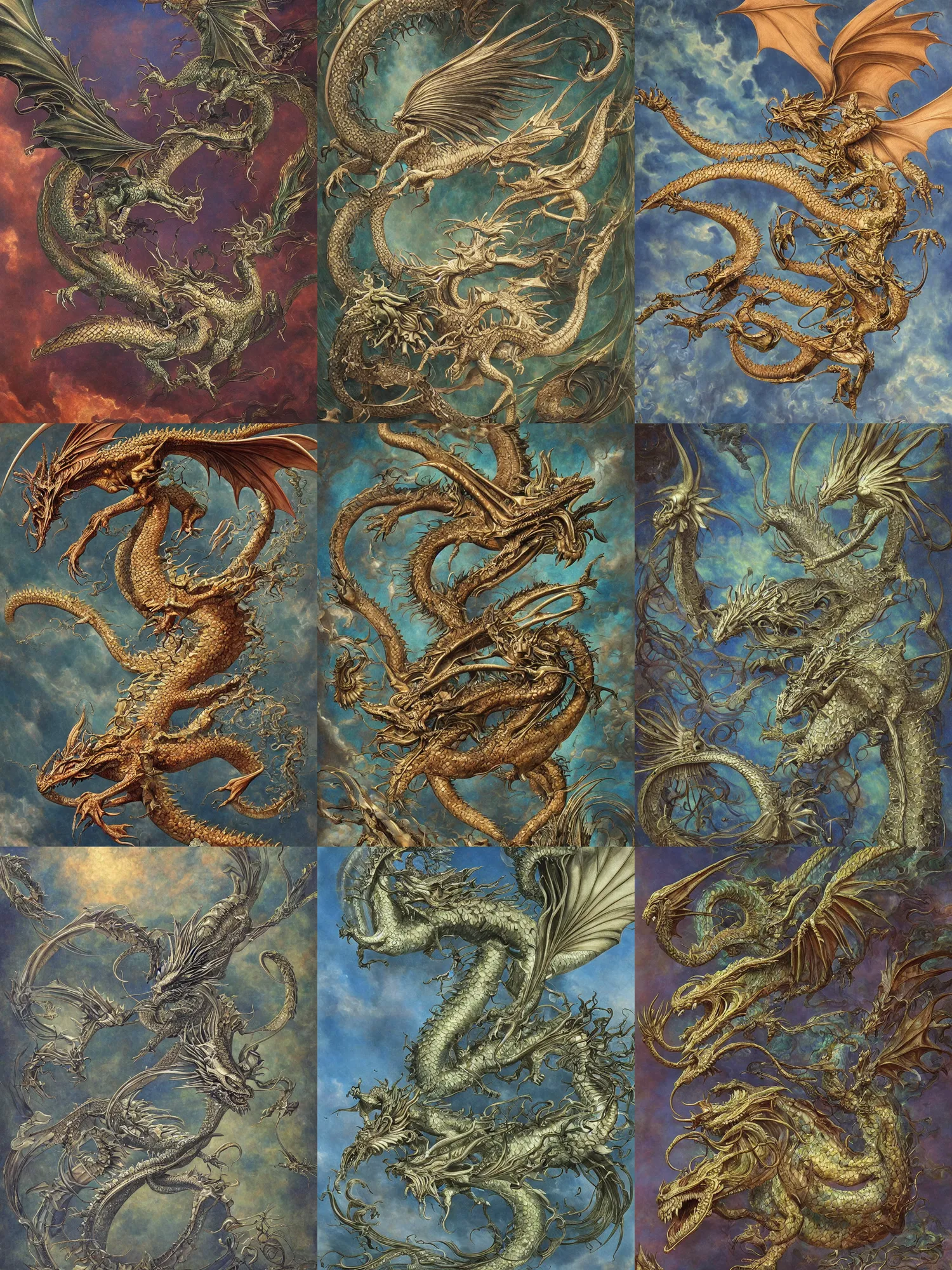 Prompt: A painting of a dragon flying through the air. an airbrush painting by Earnst Haeckel and Louis Comfort Tiffany and H R Giger, trending on zbrush central, cloisonnism, high detail, detailed painting, opalescent, exotic.