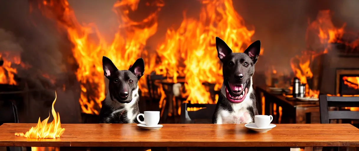 Prompt: a photograph (flash on) of a relaxed anthropomorphic dog sitting on a wooden chair at a table (no fire at all there), surrounded by flames, there is a full cup of coffee on the table, huge fire on this dining room in the background, a lot of flames behind the dog, black smoke instead of the ceiling, no watermark