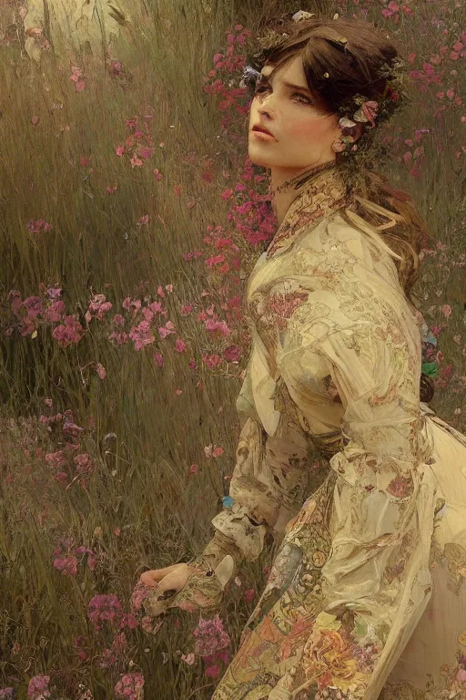 Image similar to an intricate artistic painting of a beautiful wallpaper art pattern made of elegant meadows with painterly motives and textures, hyper detailed, octane render, vivid colors, artstation, by jeremy mann, by alphonse mucha