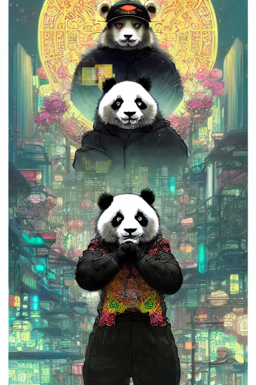 Image similar to a beautiful hyperdetailed character design of a cute panda with a chinese lion dance head victo ngai cyberpunk style of absolutely beautiful cyberpunk town, from china, style of studio ghibli, makoto shinkai, raphael lacoste, louis comfort tiffany, artgerm, james jean, ross tran, chinese style