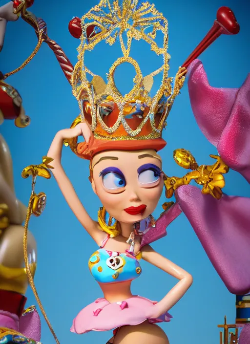 Image similar to closeup face profile portrait of a tin toy fairytale princess wearing a crown eating cakes, bikini, depth of field, zeiss lens, detailed, symmetrical, centered, fashion photoshoot by dan decarlo, bob clampett, bill ward, max fleischer hyperrealistic, octane render