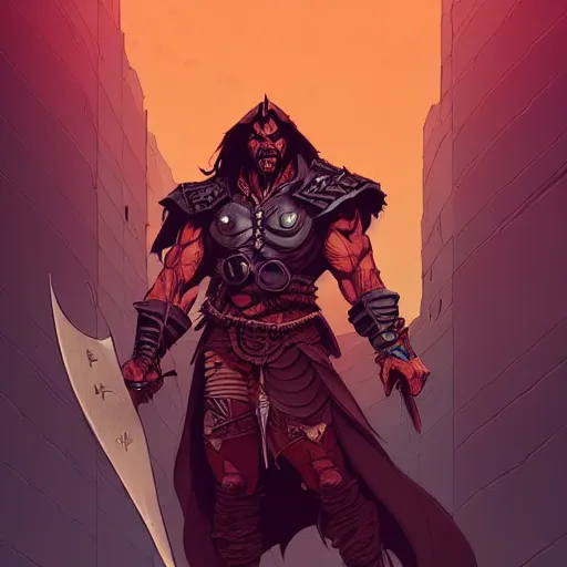 Image similar to cell shaded cartoon, a portrait of a fully armored evil warlock version of conan the barbarian, illustration, wide shot, subtle colors, concept art by josan gonzales and wlop, laurie greasley, jordan grimmer and james jean, highly detailed, sharp focus, trending on artstation, hq, deviantart, art by artgem