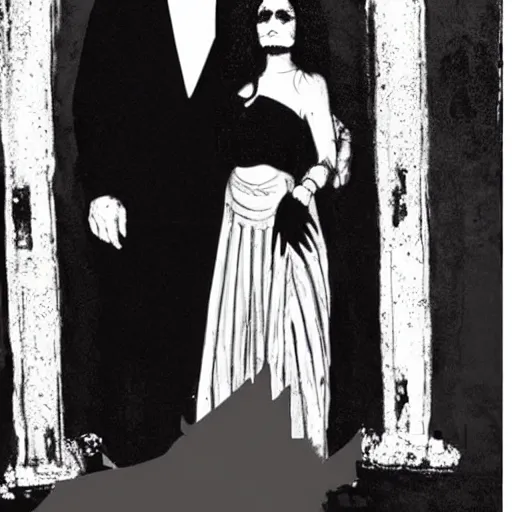 Image similar to a man standing next to a woman on a red carpet, a picture by george manson, tumblr, international gothic, freakshow, hellish background, gothic