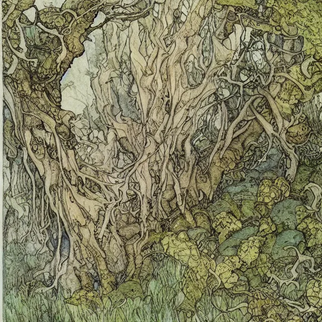 Image similar to a detailed, intricate watercolor and ink portrait illustration with fine lines, of a forest of gnarled trees and mossy ground, by arthur rackham and edmund dulac and ted nutall and mucha