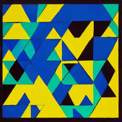 Prompt: painting, rectangle and triangle shapes, in blue, in yellow, in green, divided by black lines