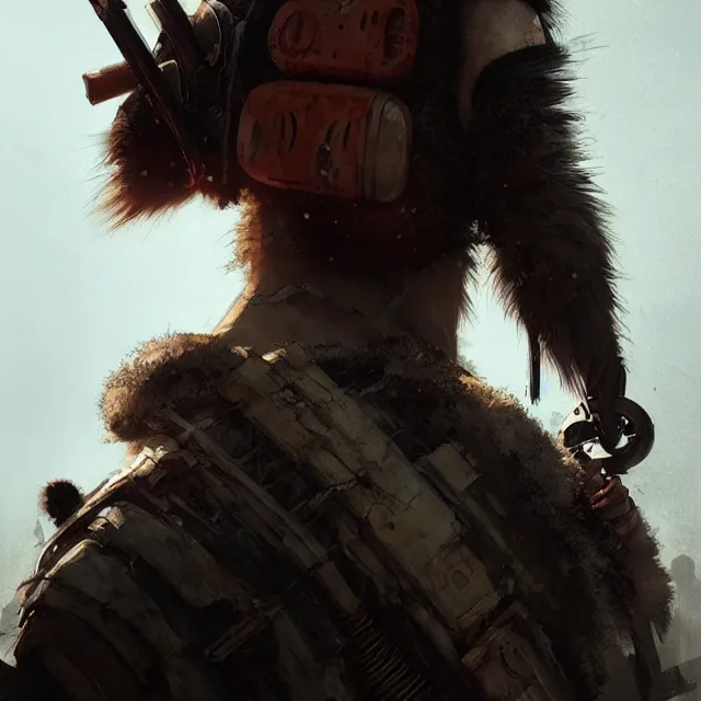 Image similar to hyper realistic photography portrait of postapocalyptic madmax cyberpunk asian japanese face panda vallejo, back shot, craig mullins greg rutkowski, artstation, cgsociety