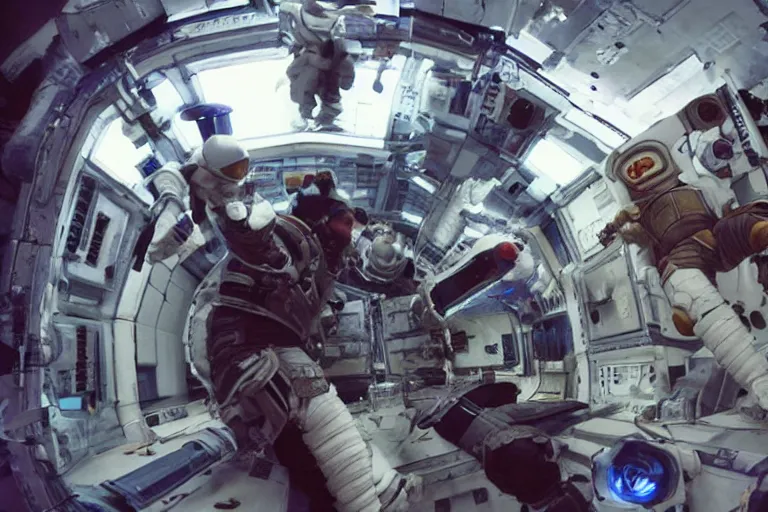 Image similar to sci-fi armored cosplay combat in space-station arena by Roger Deakins