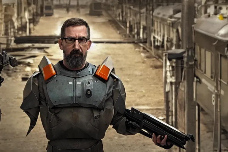 Image similar to vfx movie closeup real life gordon freeman holding wearing futuristic armor, half life logo on chest, crowbar in russian train yard by emmanuel lubezki