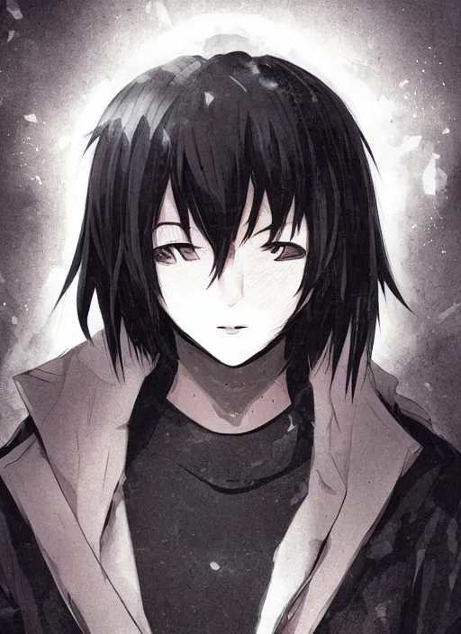 Prompt: manga cover, black-haired man wearing a black hoodie, stubble, thick eyebrows, short hair, intricate cyberpunk city, emotional lighting, character illustration by tatsuki fujimoto